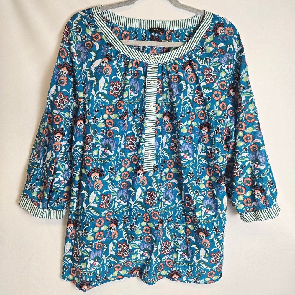 Talbots Plus Petite Jacobean Floral Cotton Popover Blouse 3/4 Sleeve Blue 2XP